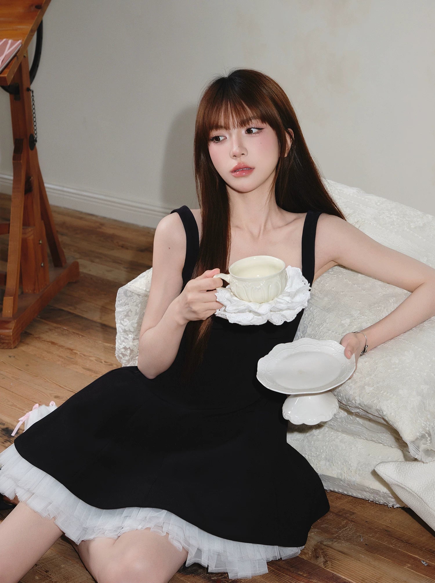 Avenement Square Neck Stitching Mesh Sleeveless Dress
