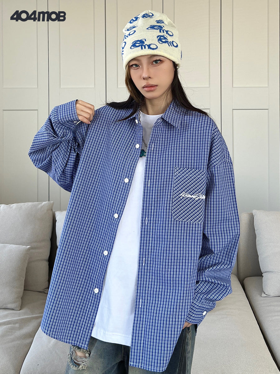 404MOB Embroidery Blue Grid Shirt