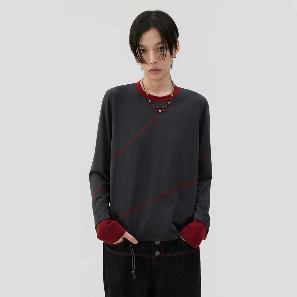 Sameuoo Fake Two Pieces Crew Neck Long Sleeve