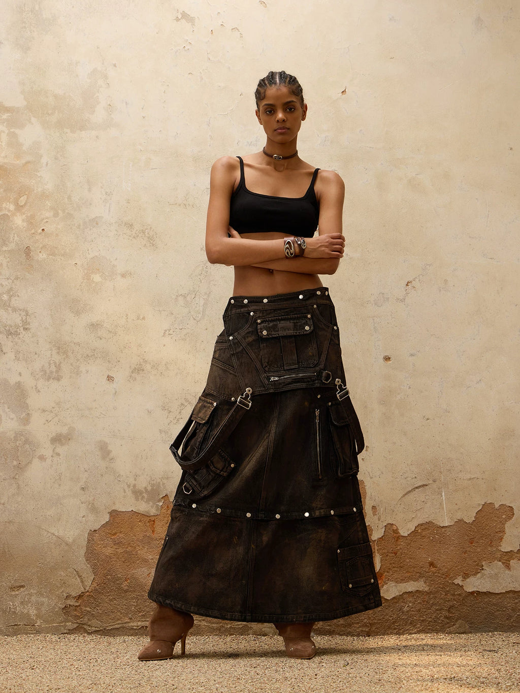PERSONSOUL Vintage Denim Strap Skirt