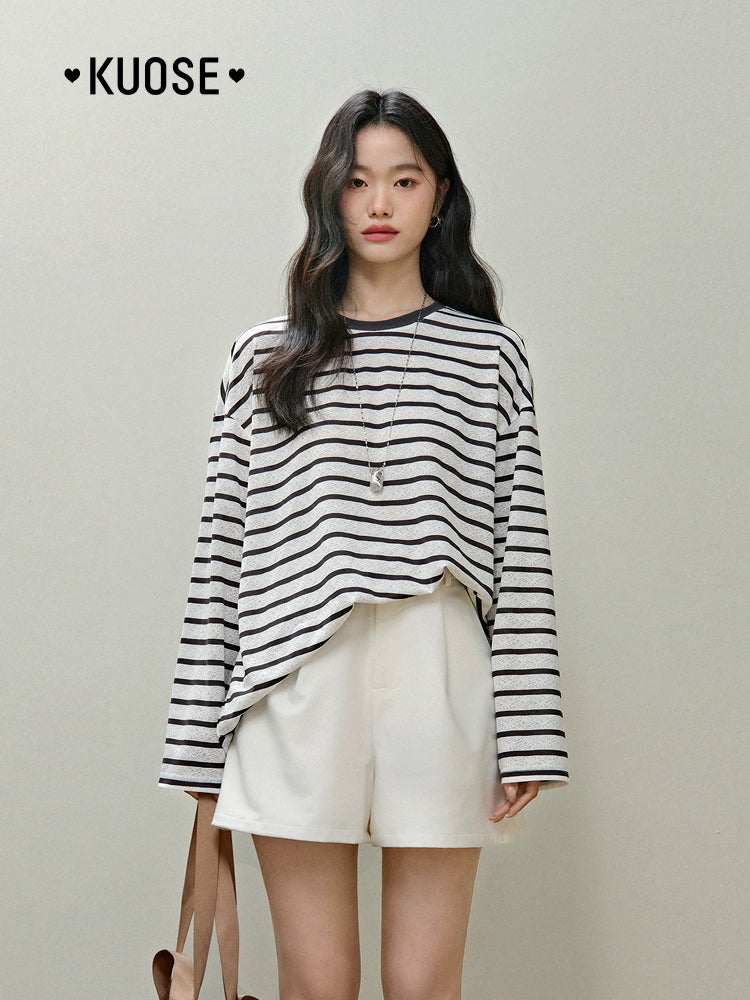 Kuose Long-sleeved Striped Loose Lace Shirt Lazy Blouse