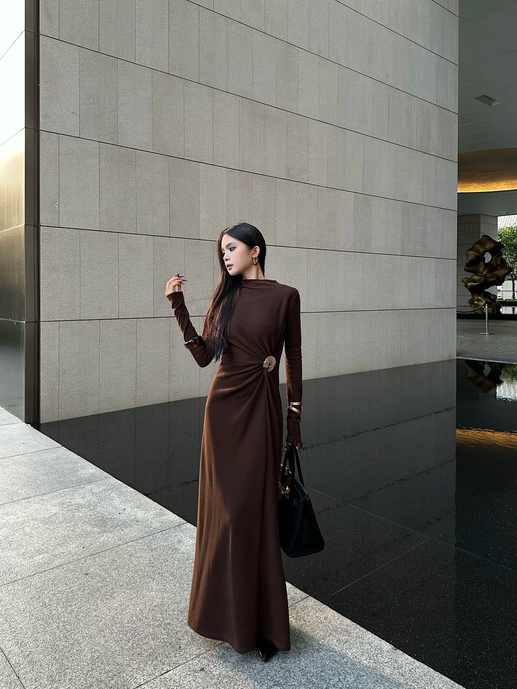CHUYUQI Semi-turtleneck Pleated Slim-fitting Long-sleeved Dress