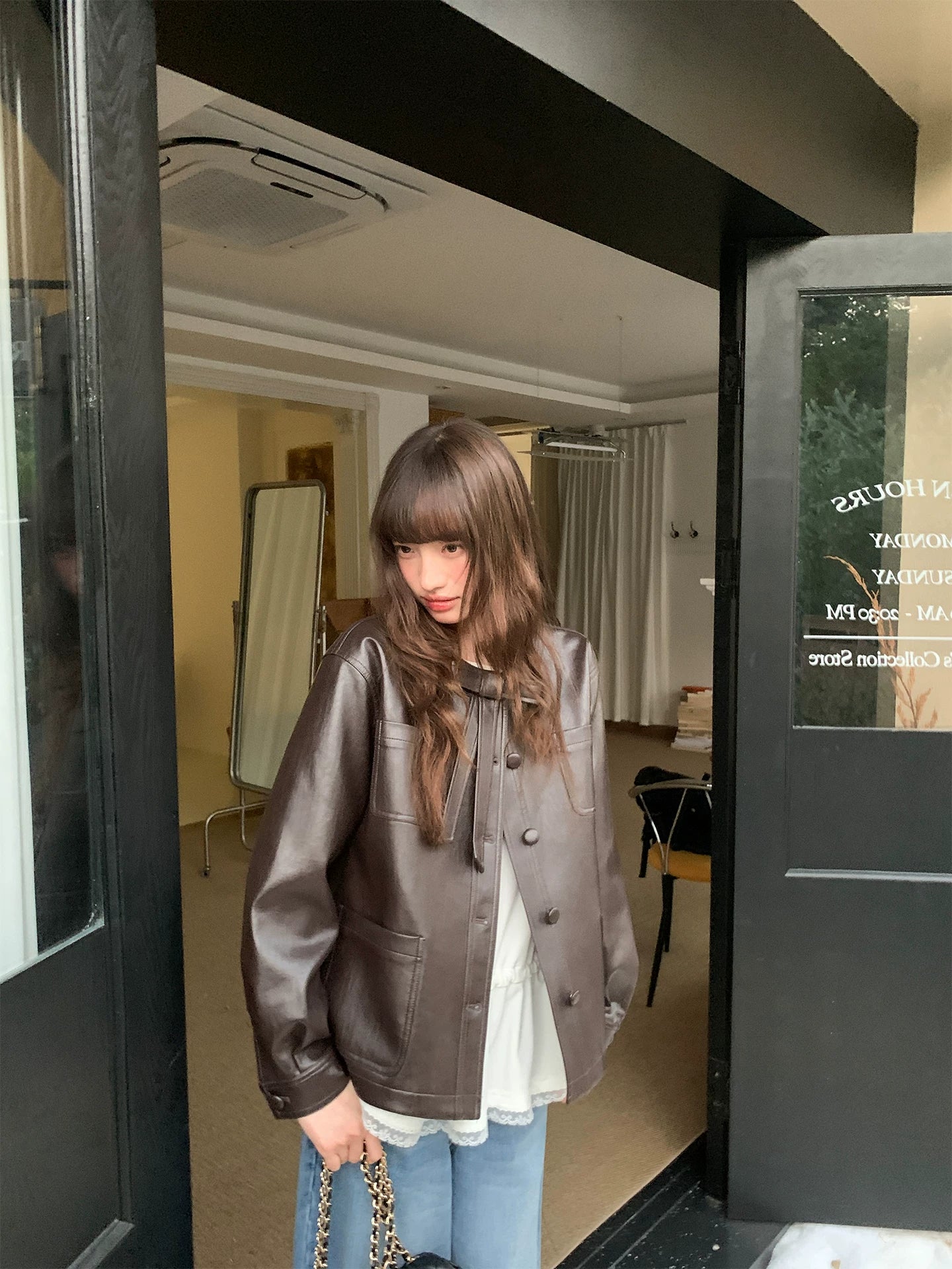 Kano Bow-embellished Small Crew Neck Leather Jacket