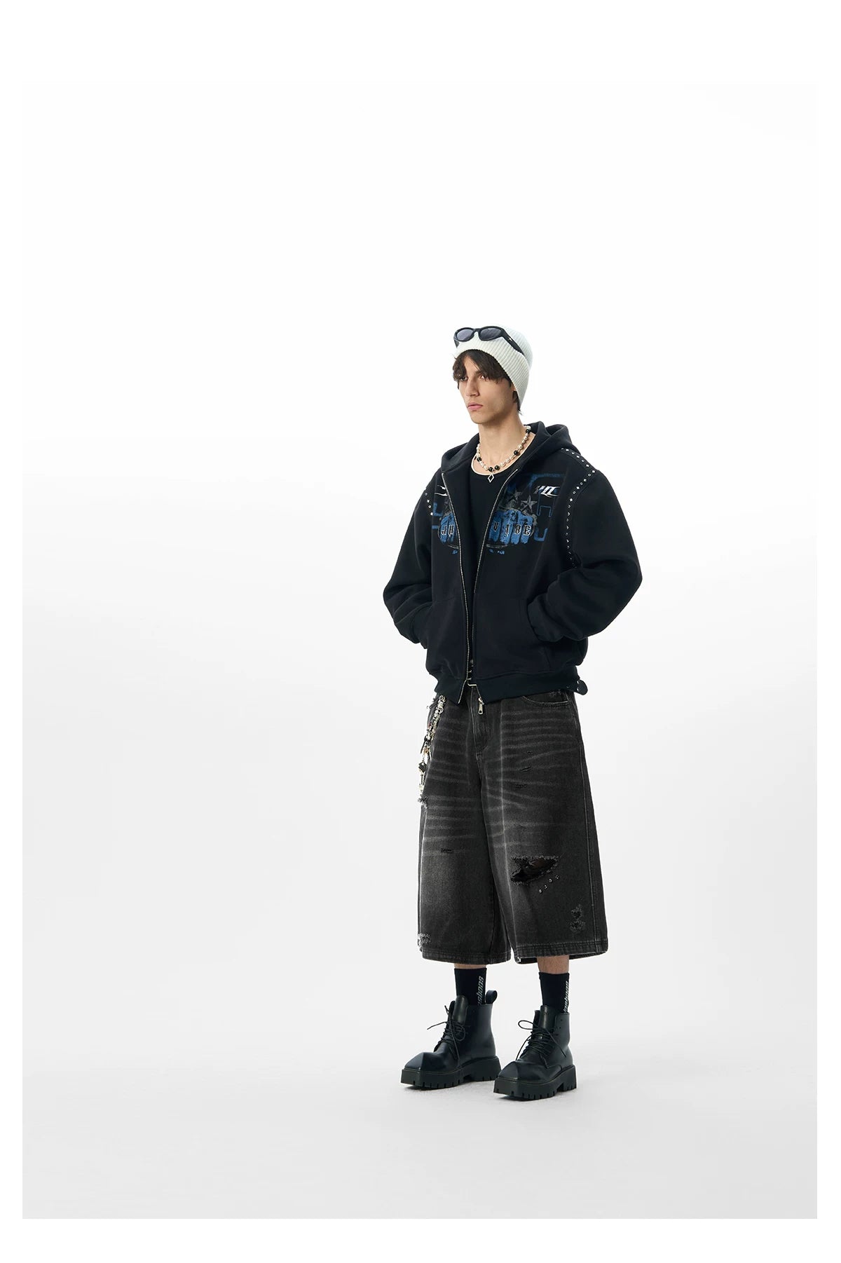 JHYQ Men's Fist Print Hooded Zipper Cardigan Sweater