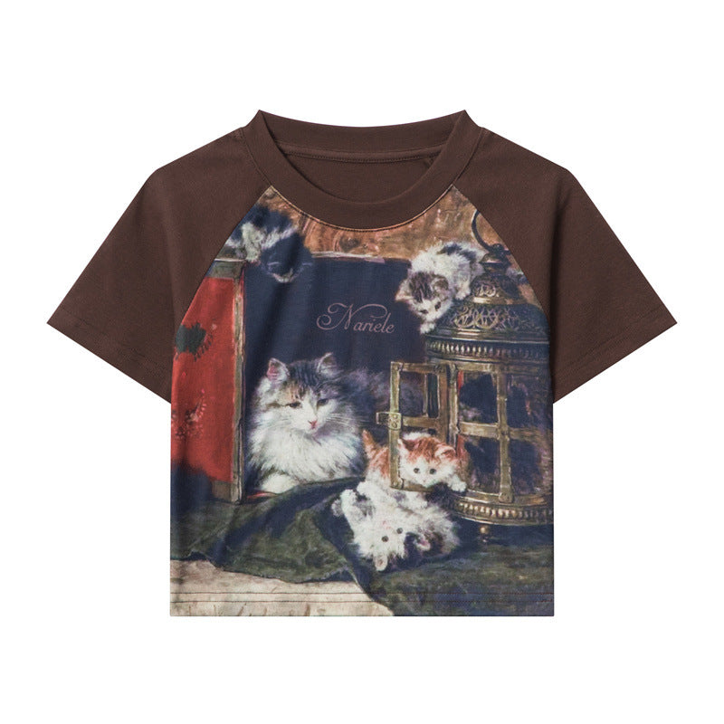 Nariele Cat Digital Print Button Tee
