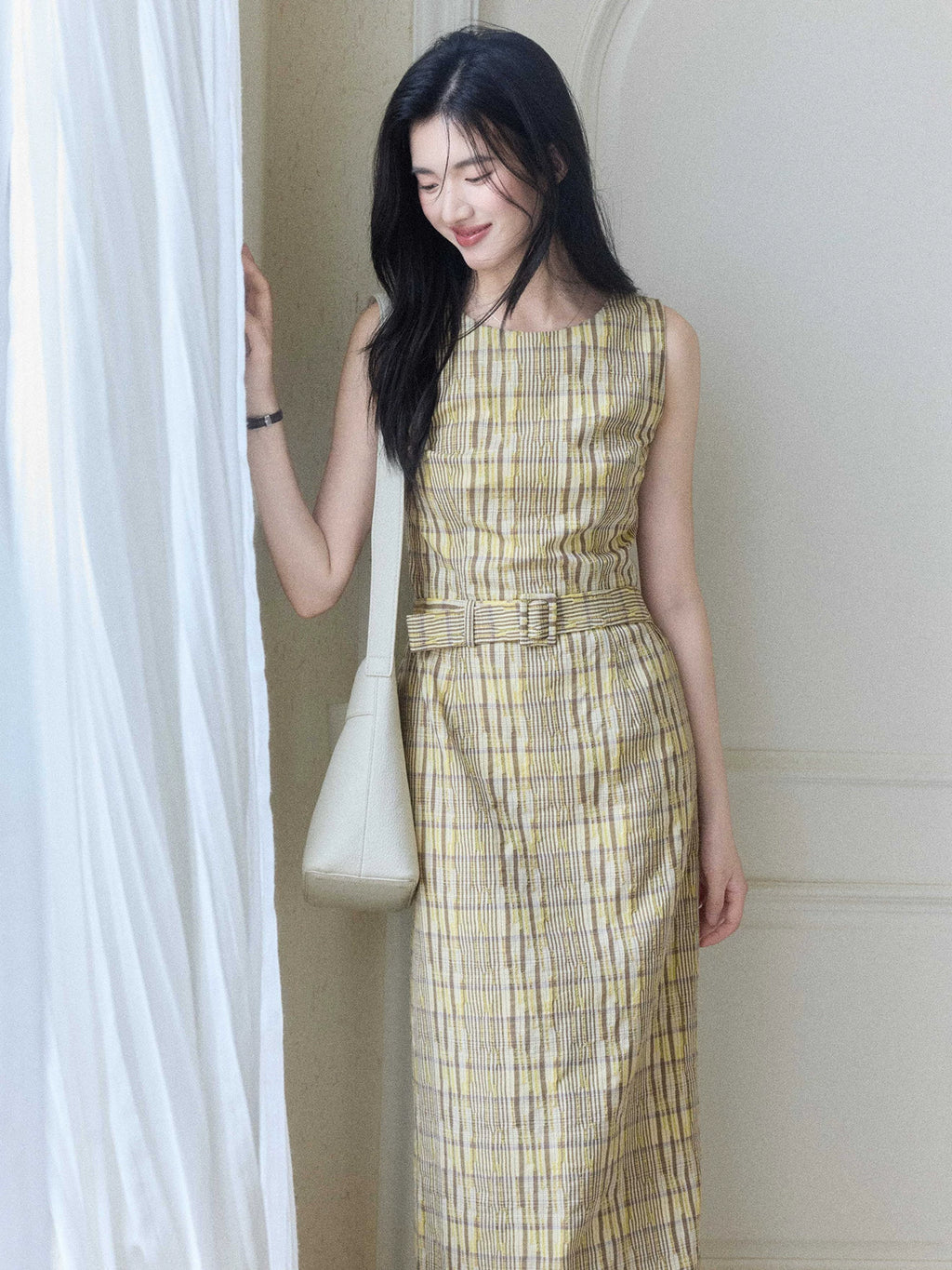 TYANG Plaid Lapel Temperament Sleeveless Dress