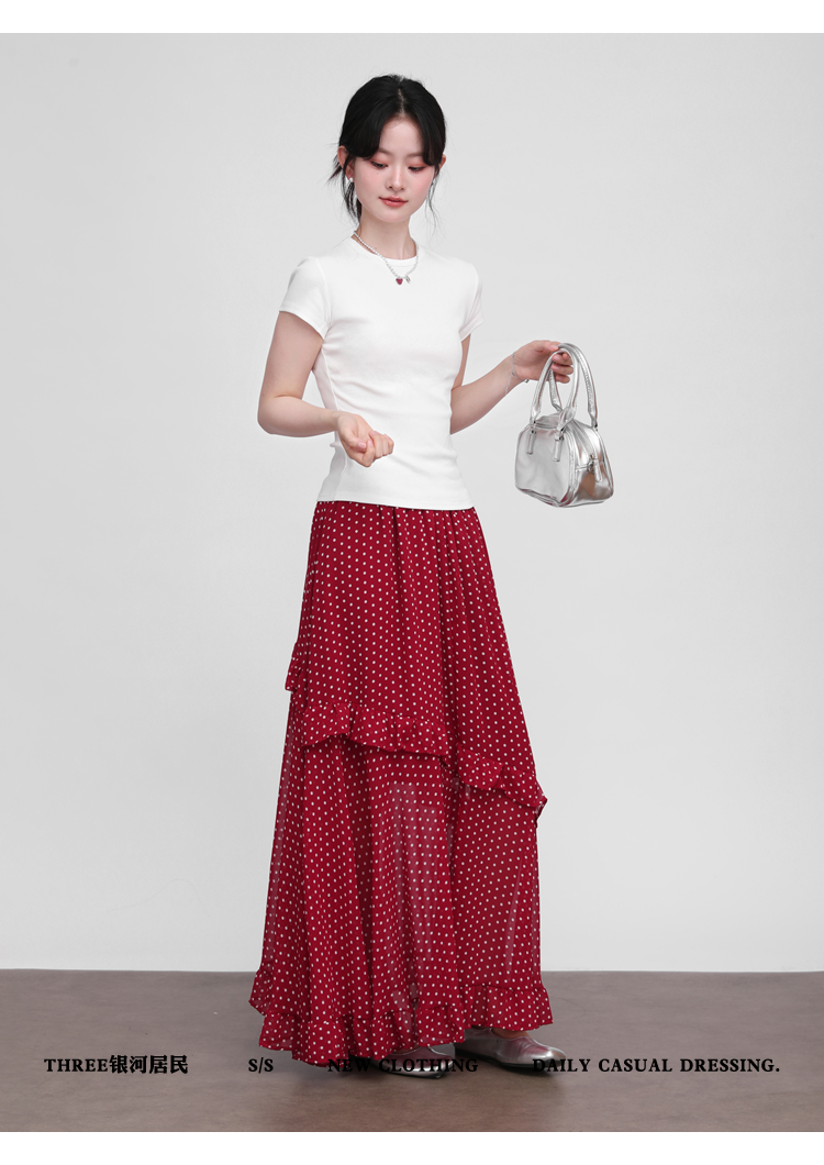 Three High Waist Thin Irregular Ruffle Edge Polka Dot Skirt