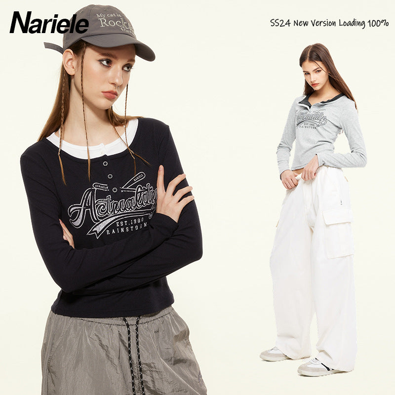 Nariele Fake Two-Letter Design Slim-Fit Long-Sleeve T-Shirt Top