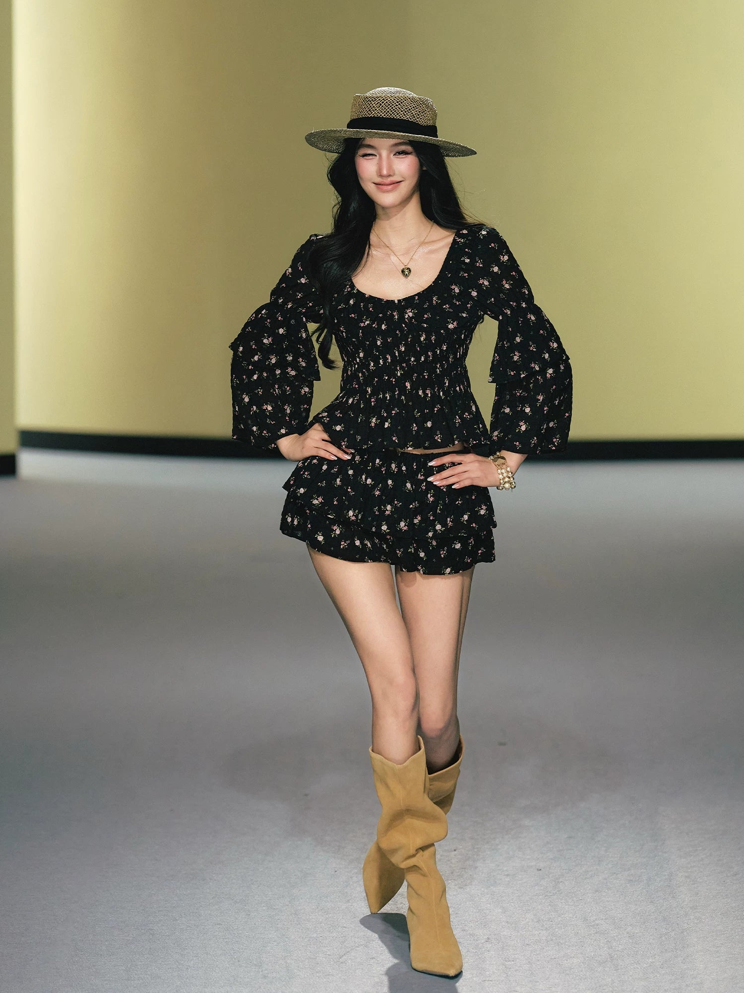 AGAM Double-layer Lotus Leaf Sleeve Floral Top Skirt Set