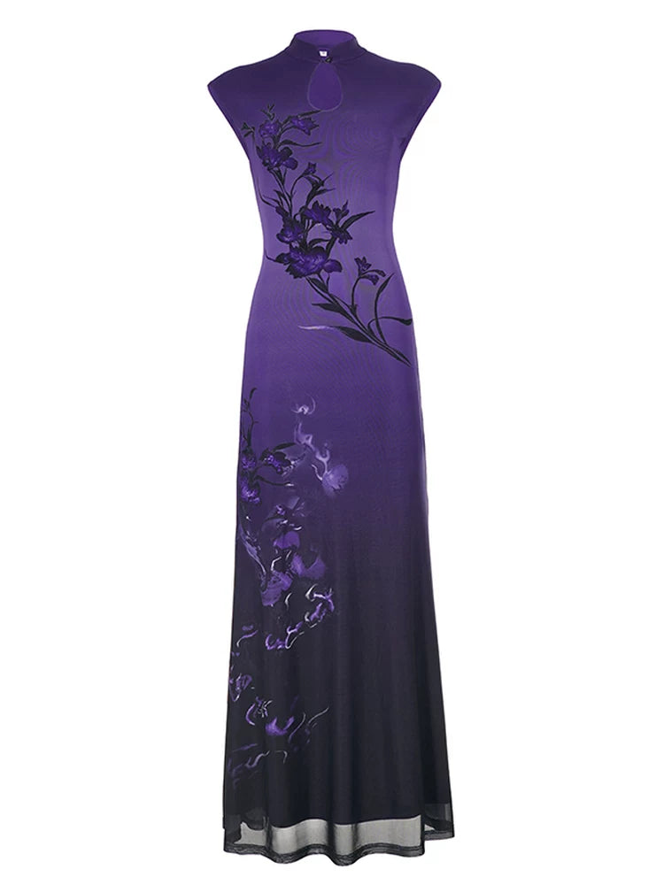 FUNOFF Retro Floral Gradual Change Cheongsam Dress