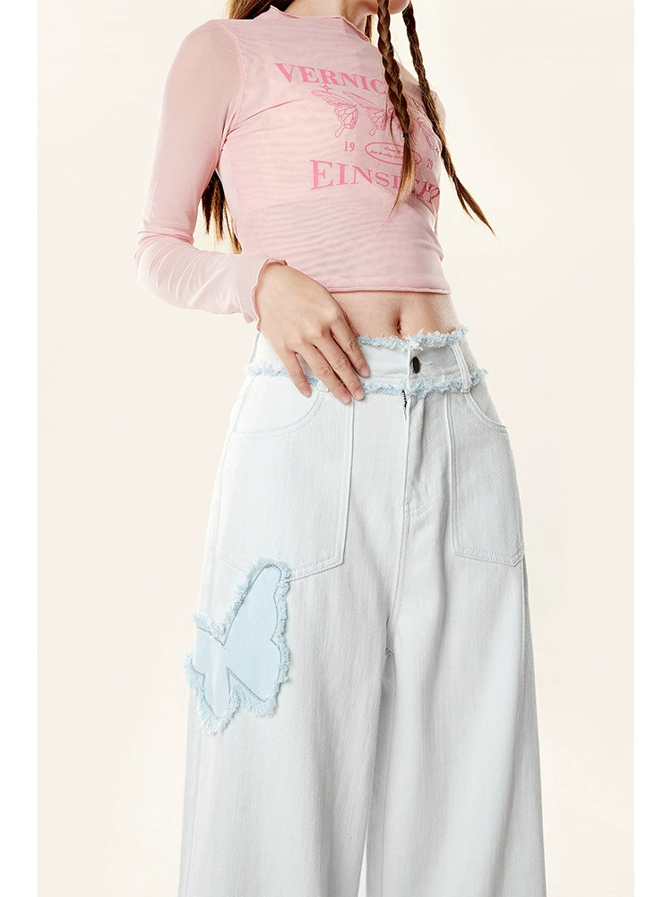 Zrsee Butterfly Embroidered Loose Jeans