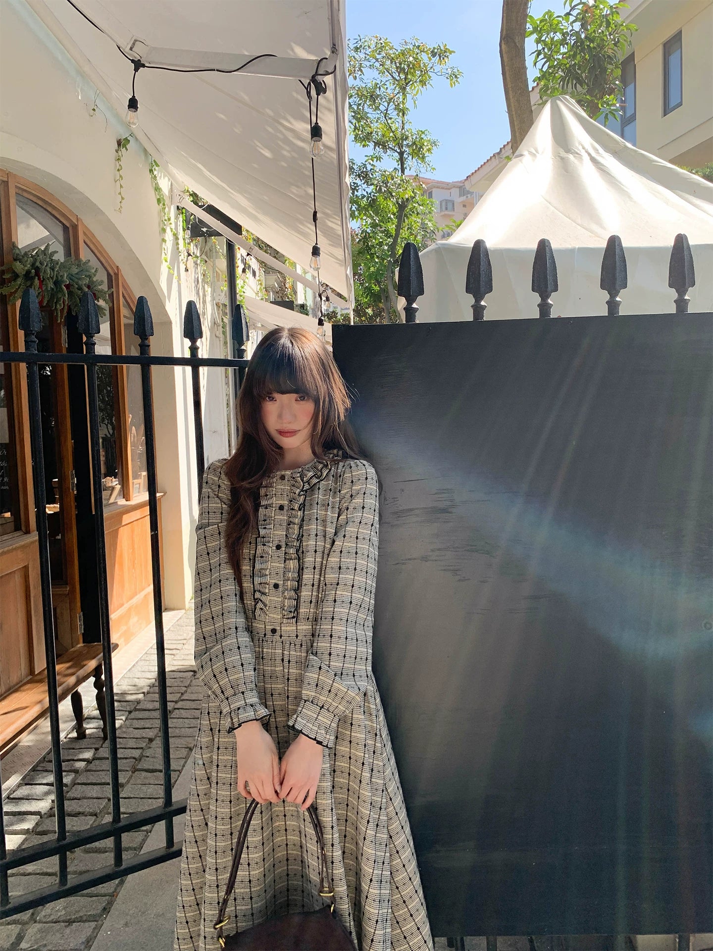 Kano Fungus Edge Collar Bubble Sleeve Plaid Dress