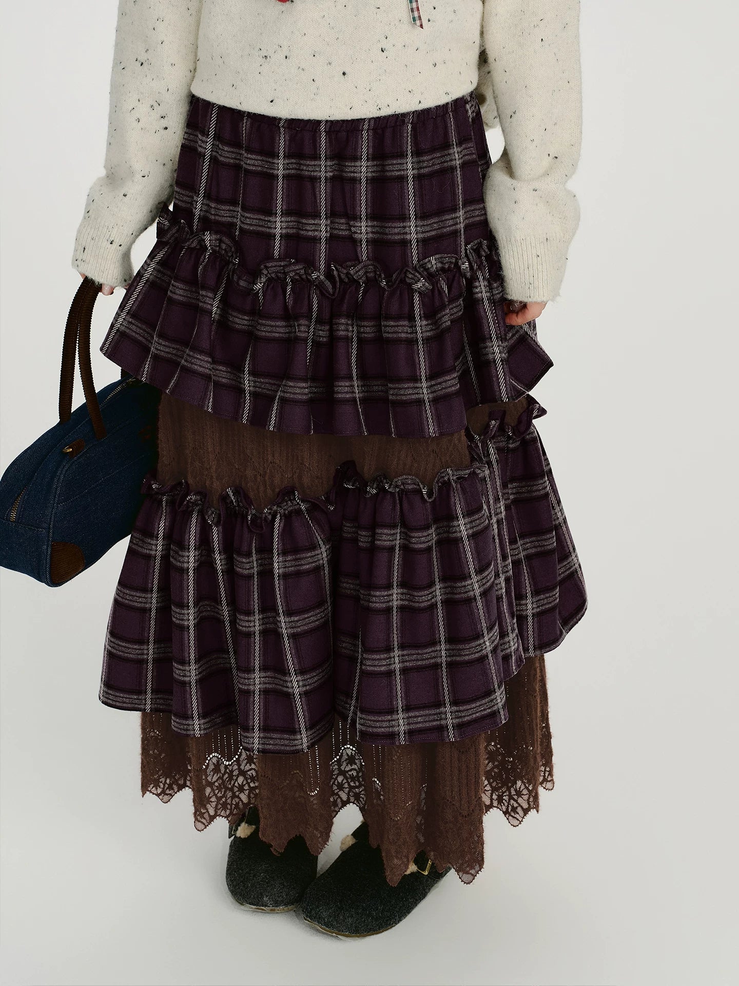 Girlyhalo Vintage Plaid Lace Patchwork Skirt
