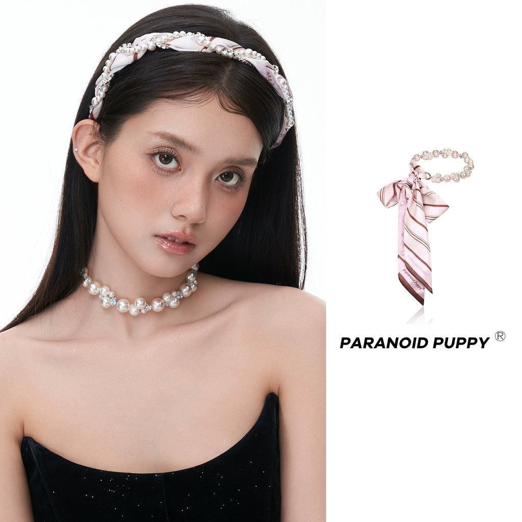 ParanoidP Temperament Light Luxury Bow Silk Scarf Pearl Necklace