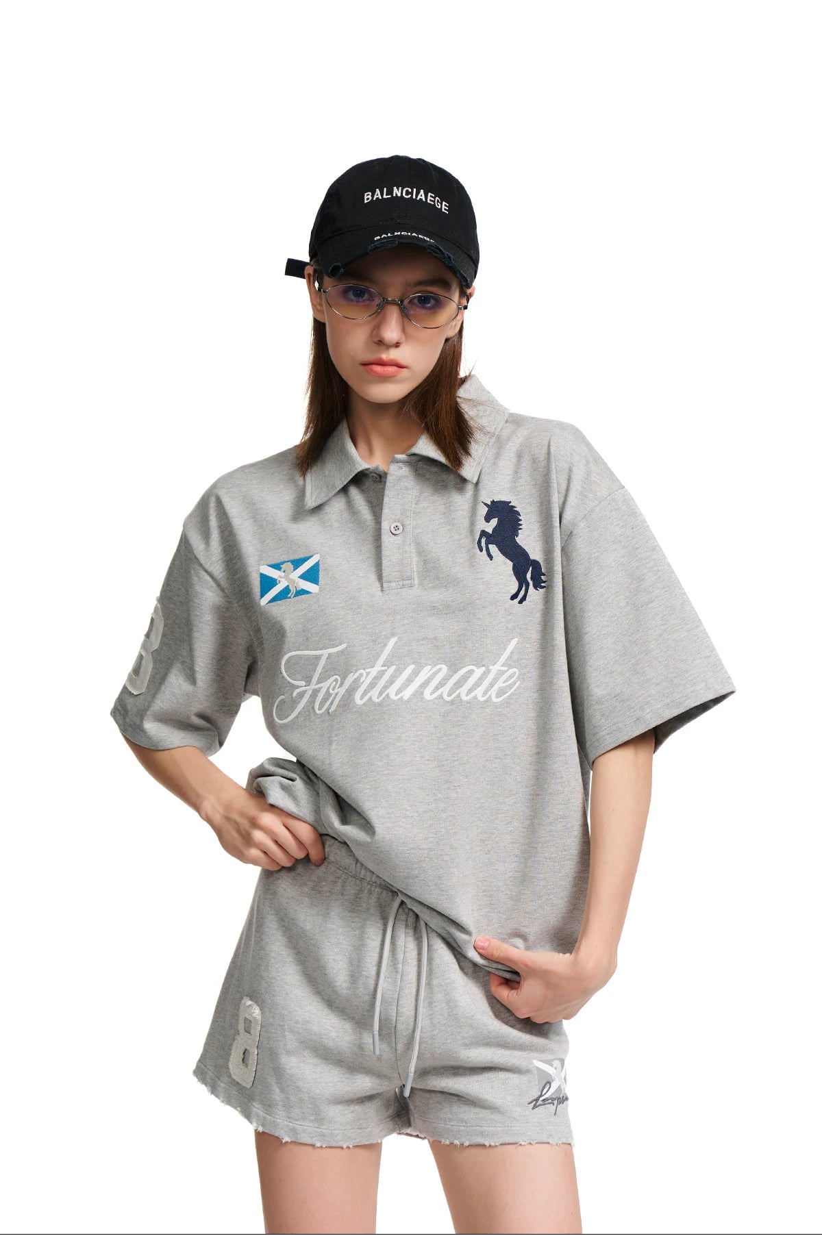 Loopsoon Lapel Front Chest Embroidery Horse Logo Letter Polo Tee