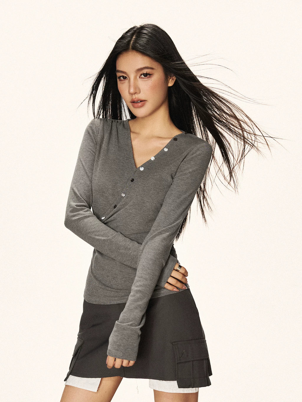 Cherry Melody Vintage Overlapping Kink V-neck Long Sleeve