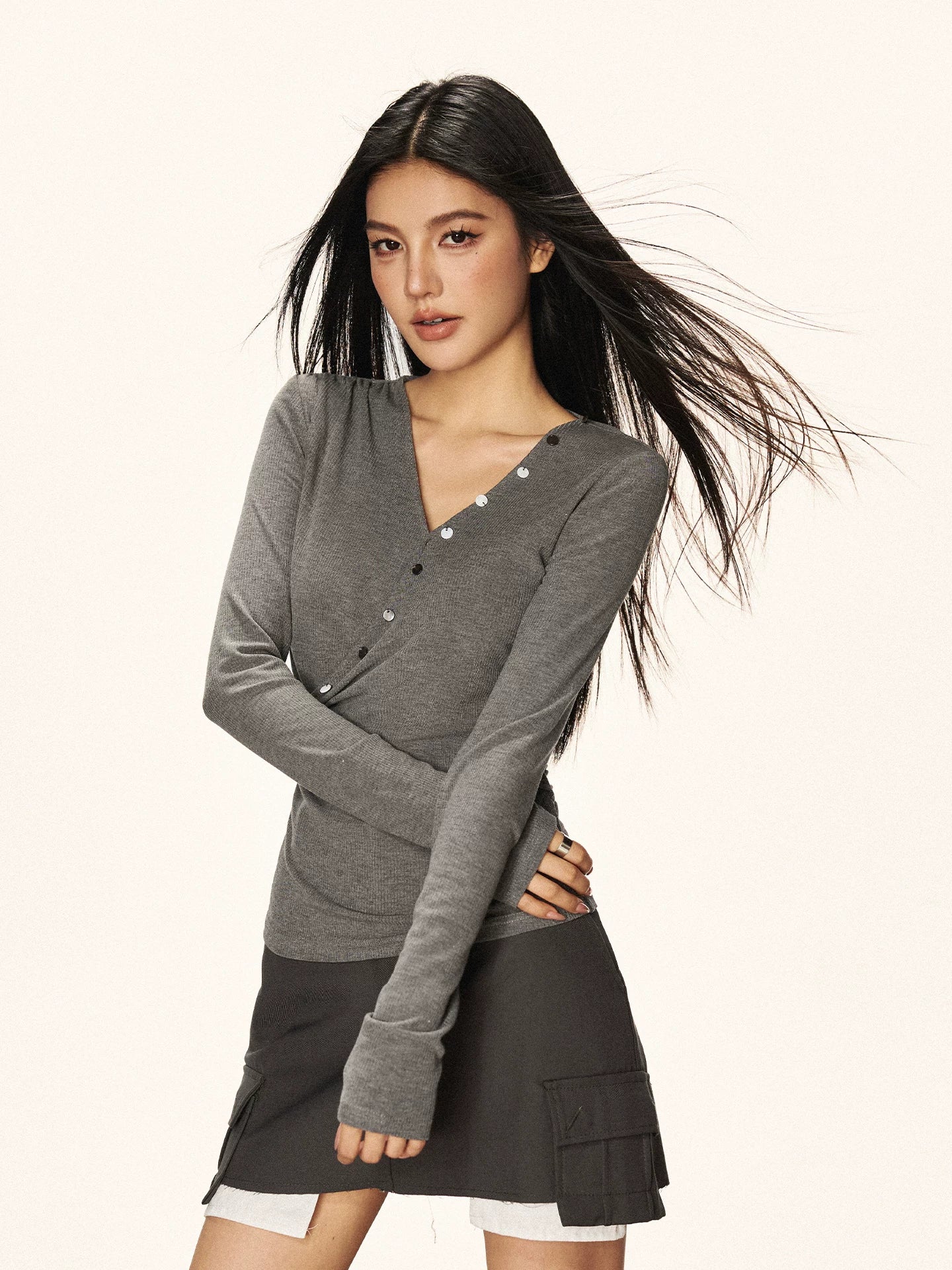 Cherry Melody Vintage Overlapping Kink V-neck Long Sleeve