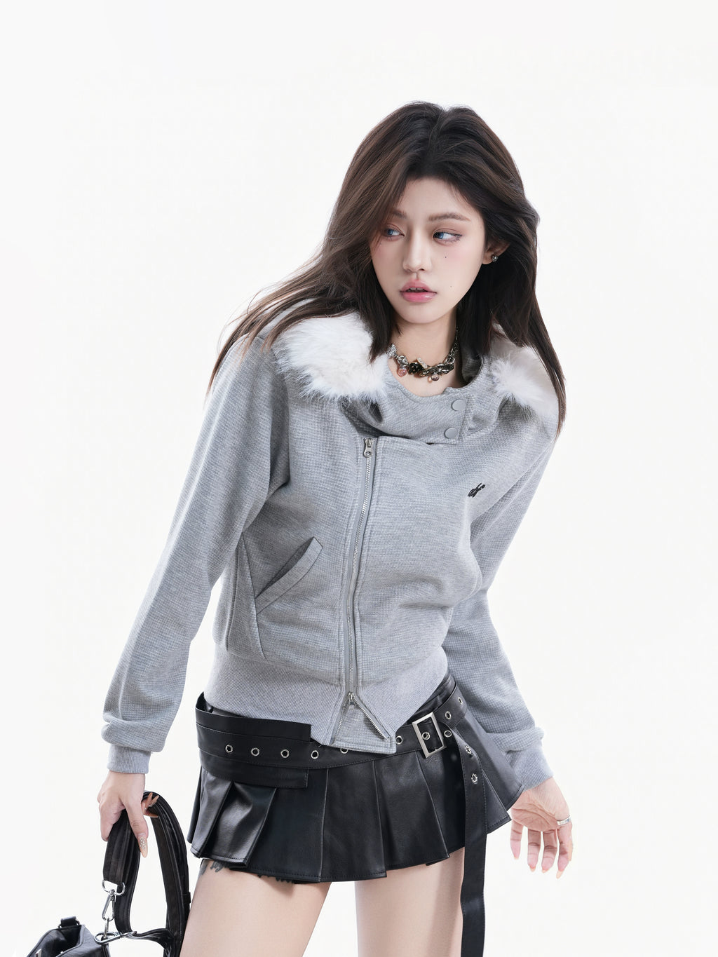 BF. BORFEND Fleece Removable Fur Collar Hooded Double-ended Zipper Jacket