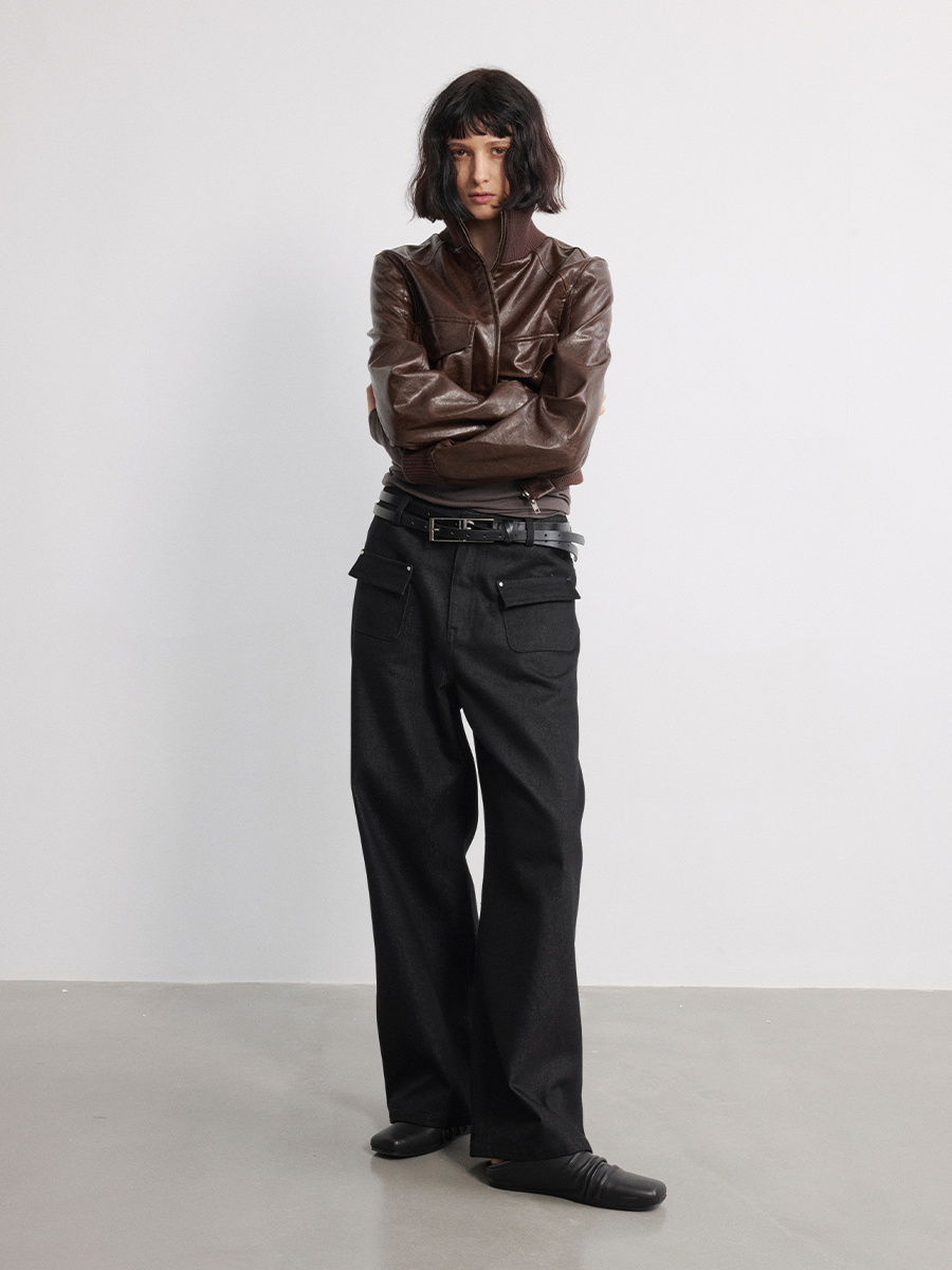 JCAESAR WOMEN Pleated Short Leather Jacket