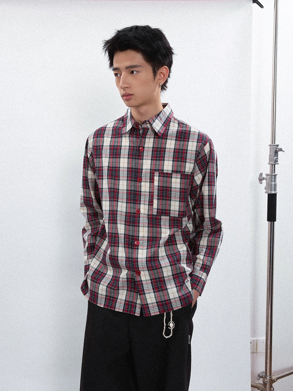 FUNKYFUN Contrasting Checked Loose Long-sleeved Shirt