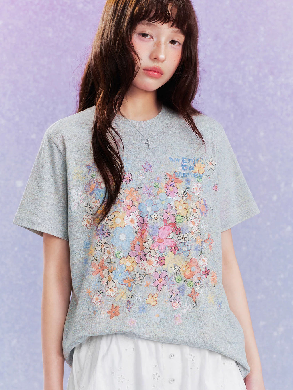 MEDM Flower Print Color Yarn Casual Loose Tee