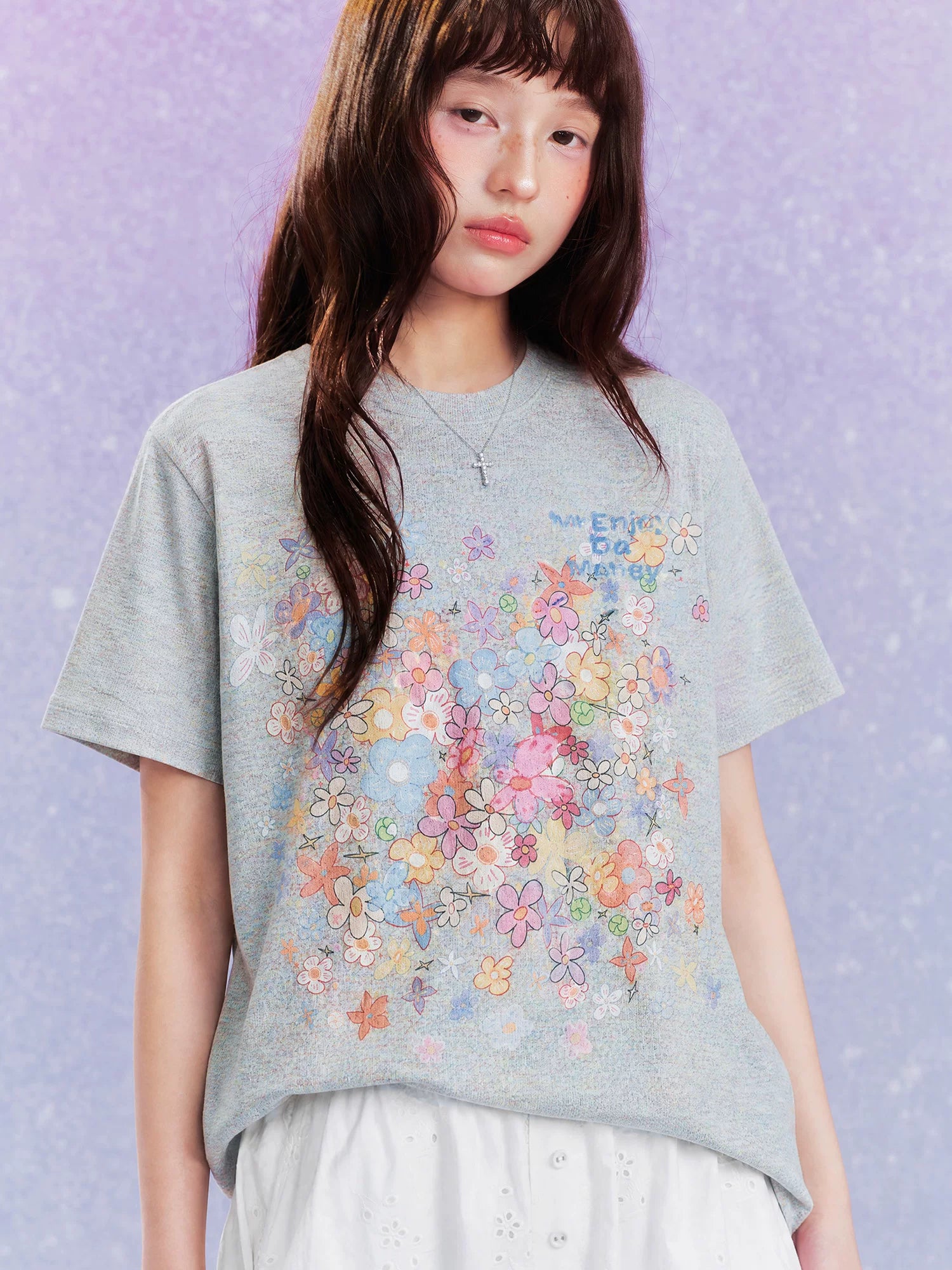 MEDM Flower Print Color Yarn Casual Loose Tee
