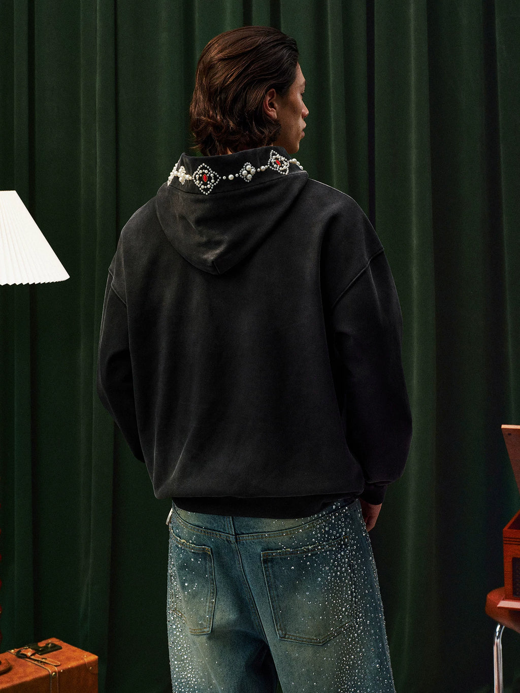 YADcrew Beaded Embroidered Loose Casual Hooded Sweater