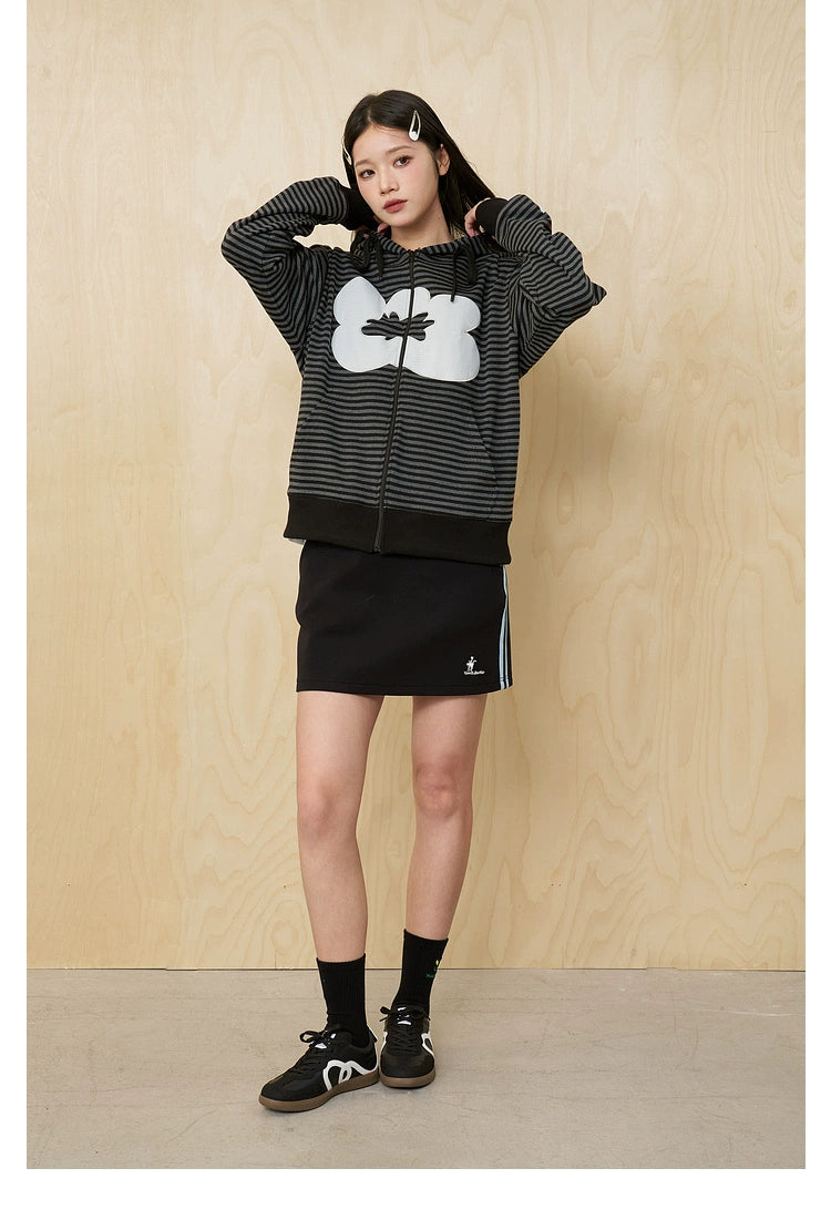 MoodLikeMe Striped Flower Patch Embroidered Hooded Sweater