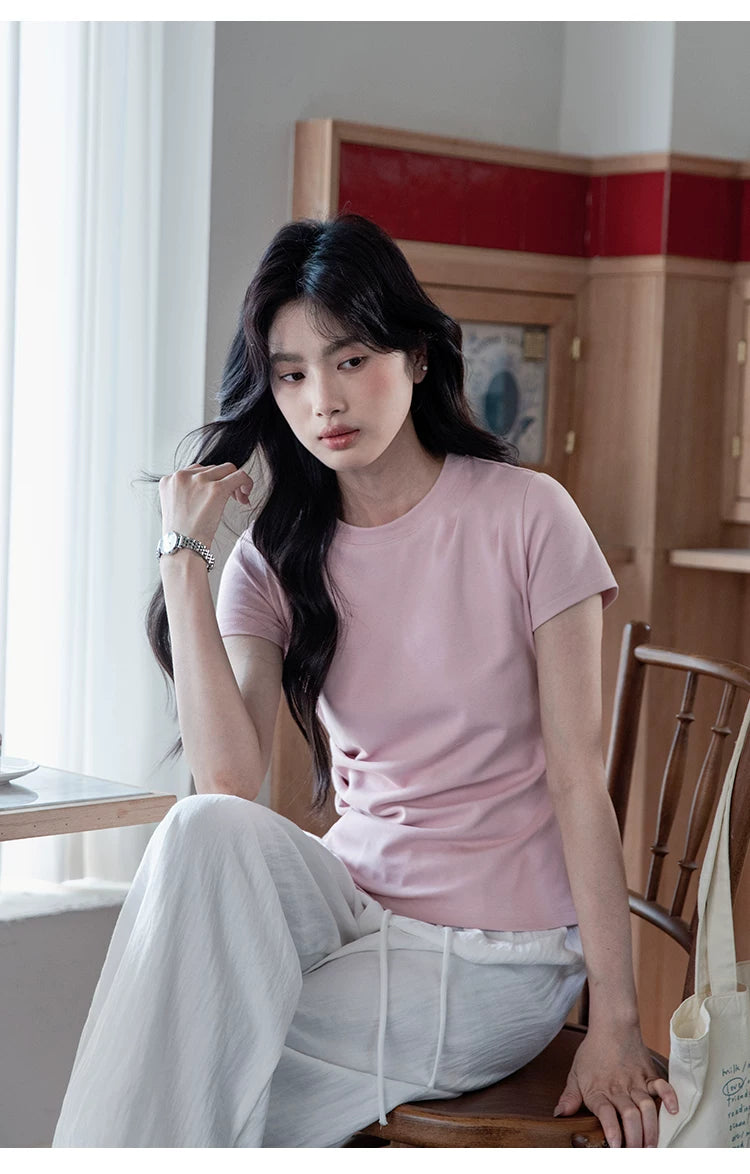 XUJING Pleated Front Shoulder Slim and Thin Tee