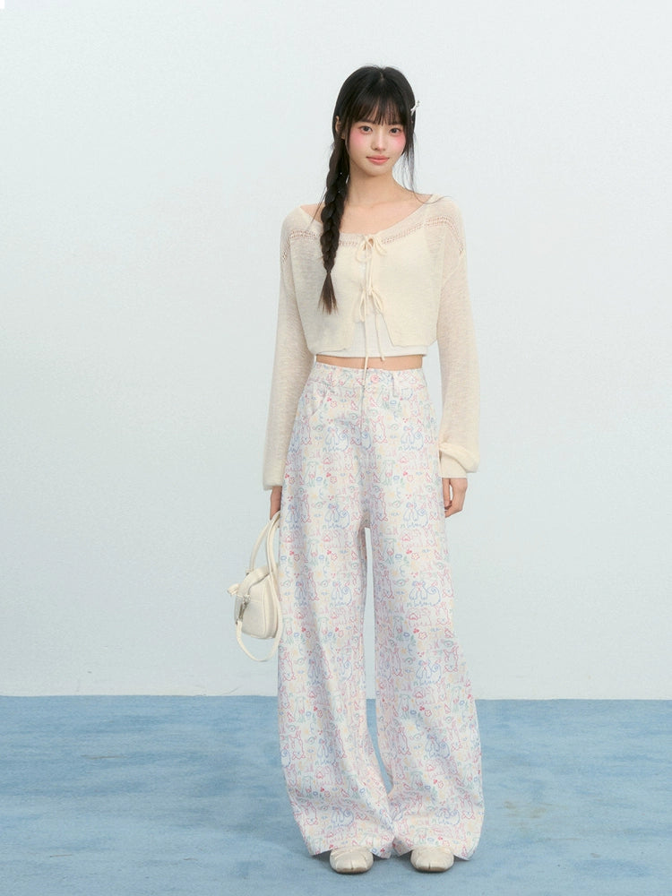 Umoumo Loose Color Puppy Graffiti Printed Casual Pants