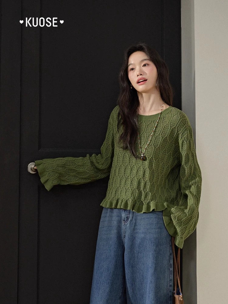 Kuose Hollow Short Long-sleeved Knitted Sweater