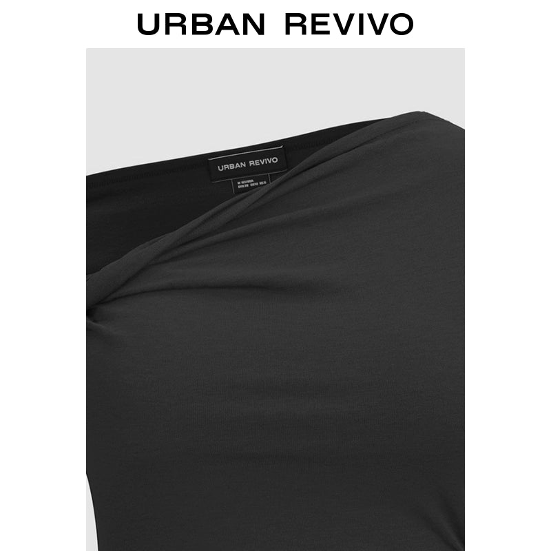 URBAN REVIVO Temperament Versatile Slanted Shoulder Collar Pleated Waist Tee