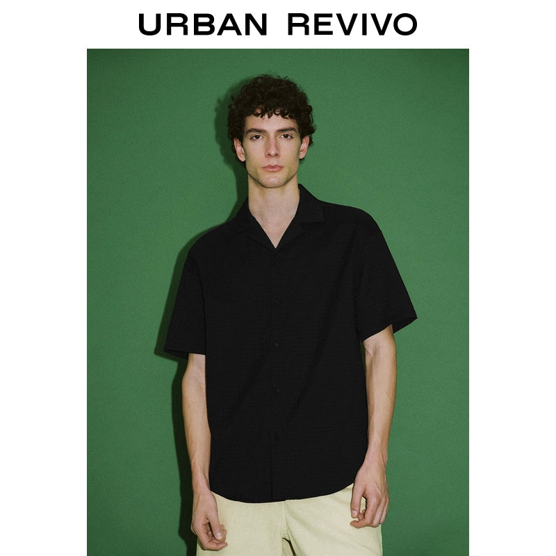 URBAN REVIVO Textured Plaid Short-sleeved Open Shirt