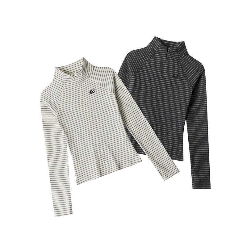 Nariele Stand Neck Slim Fit Striped Sports Long Sleeve