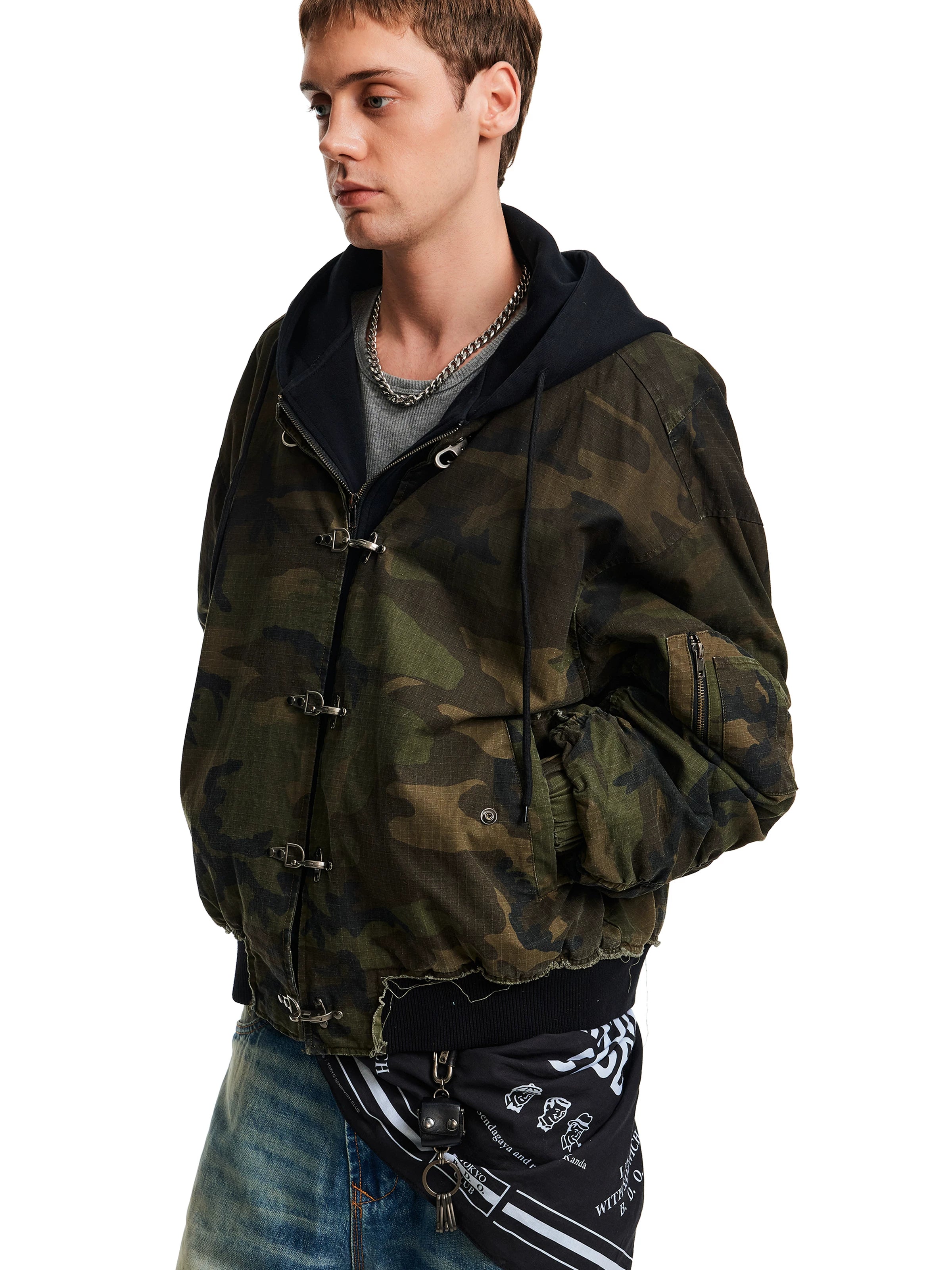 MADWITCH Retro Old Camouflage Aircraft Buckle Hooded Cotton Jacket
