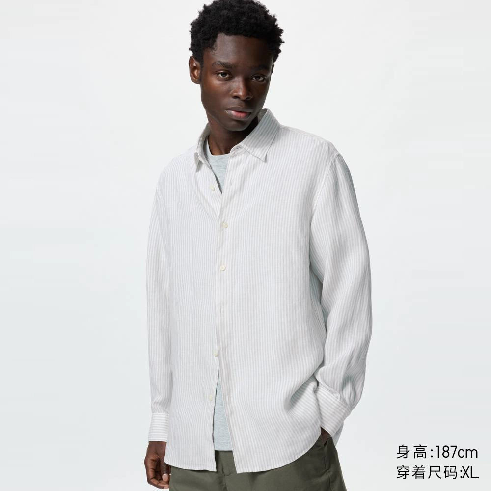 Uniqlo Men's Clothing Women's French Hemp Striped Shirt/Long Sleeve Shirt Casual 25 Spring and Summer New 474509
