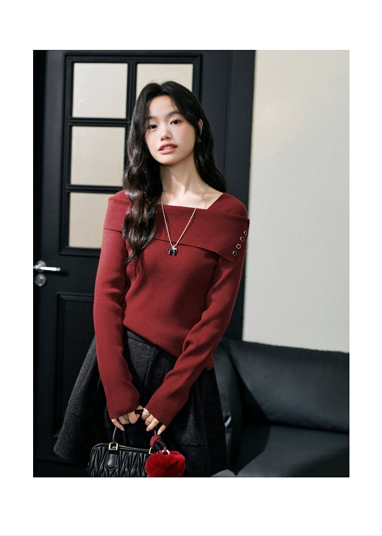 Kuose One-word Shoulder Thin Long-sleeved Knitted Sweater