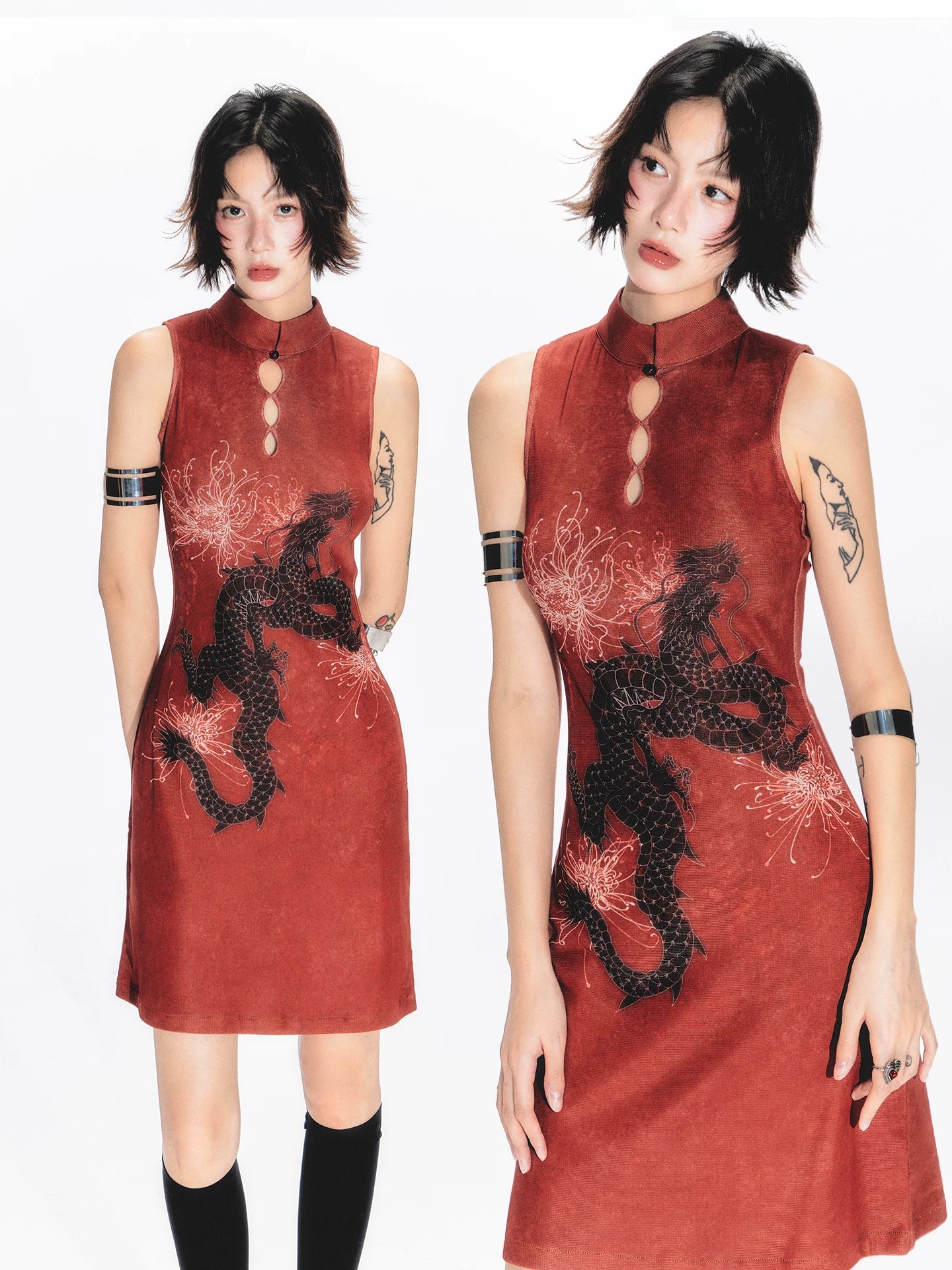YEDM Dragon Print Cheongsam Stand-up Collar Sleeveless Dress