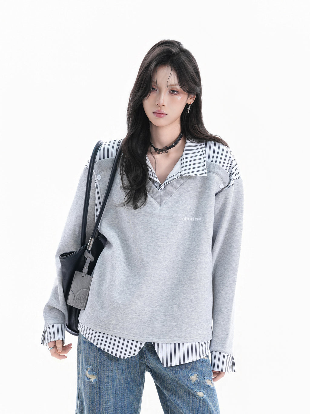Zuocisankon College Style Fake Two-piece Splicing Sweater