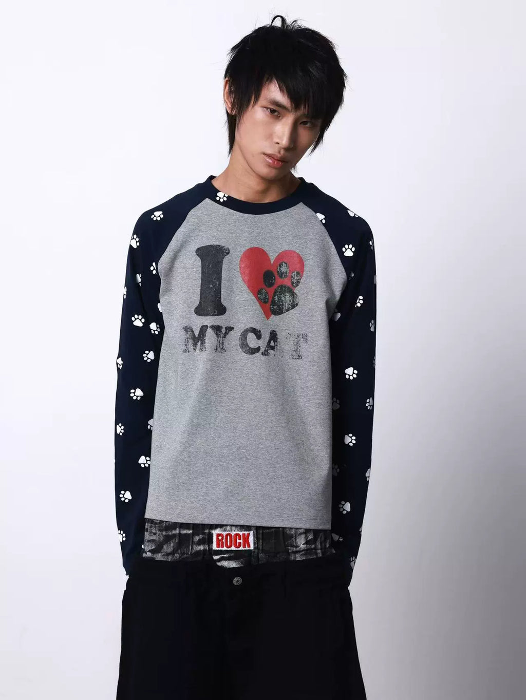 DETW Love Cat Print Splicing Round Neck Long Sleeve