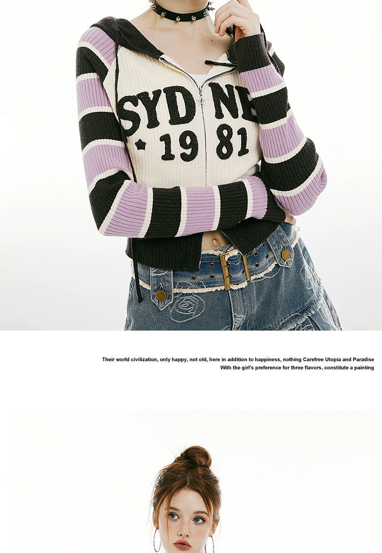 IMONE Vintage Contrast Striped Patch Embroidered Hooded Cardigan