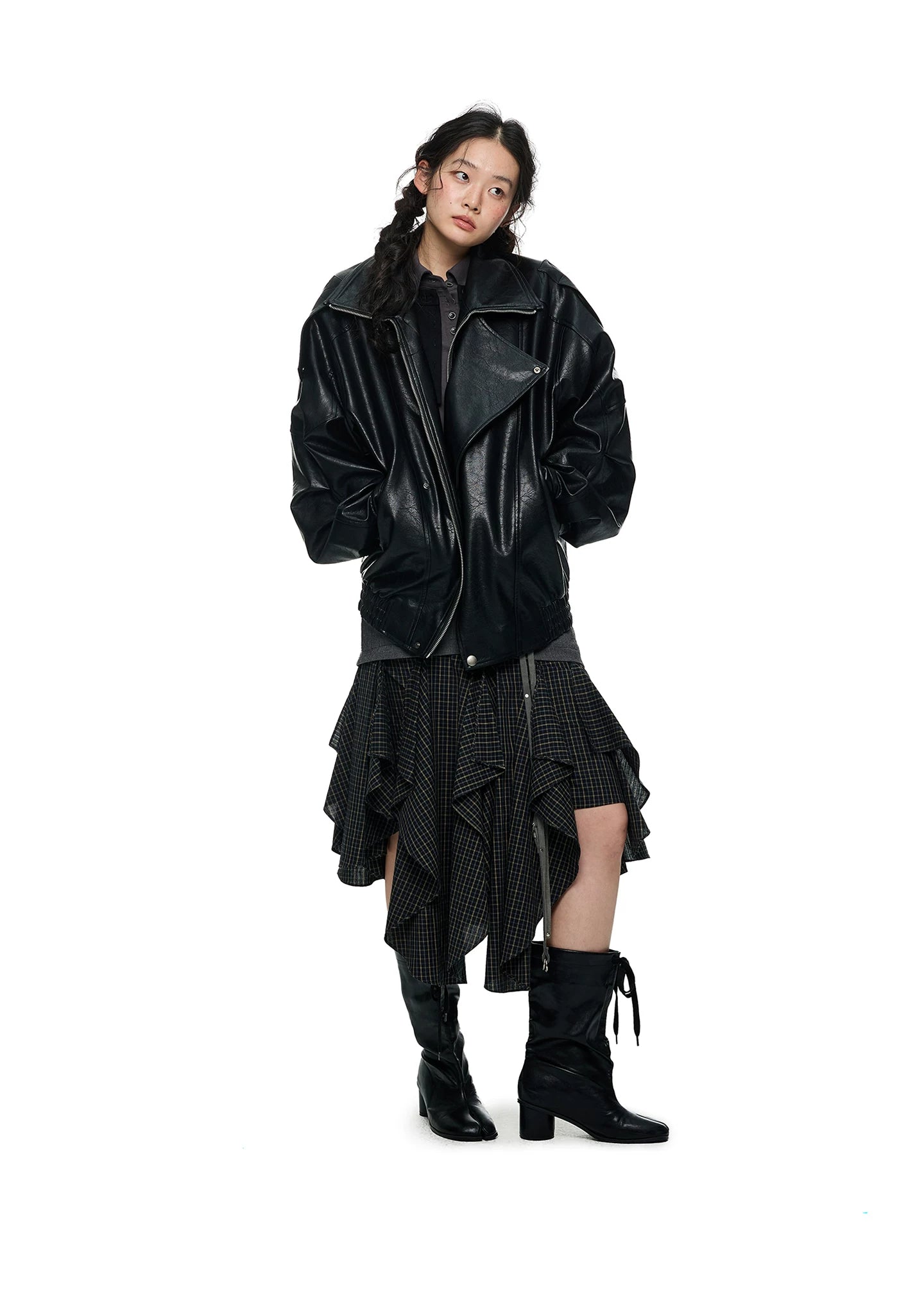 JIKOO Spliced Plaid Pleated Skirt