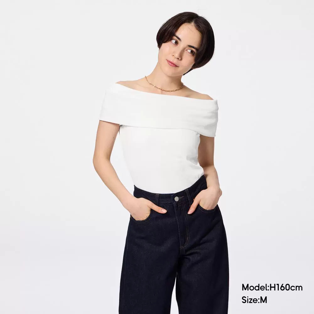 GU Off-the-shoulder One-word Collar Fashionable Slim and Thin Versatile Tee