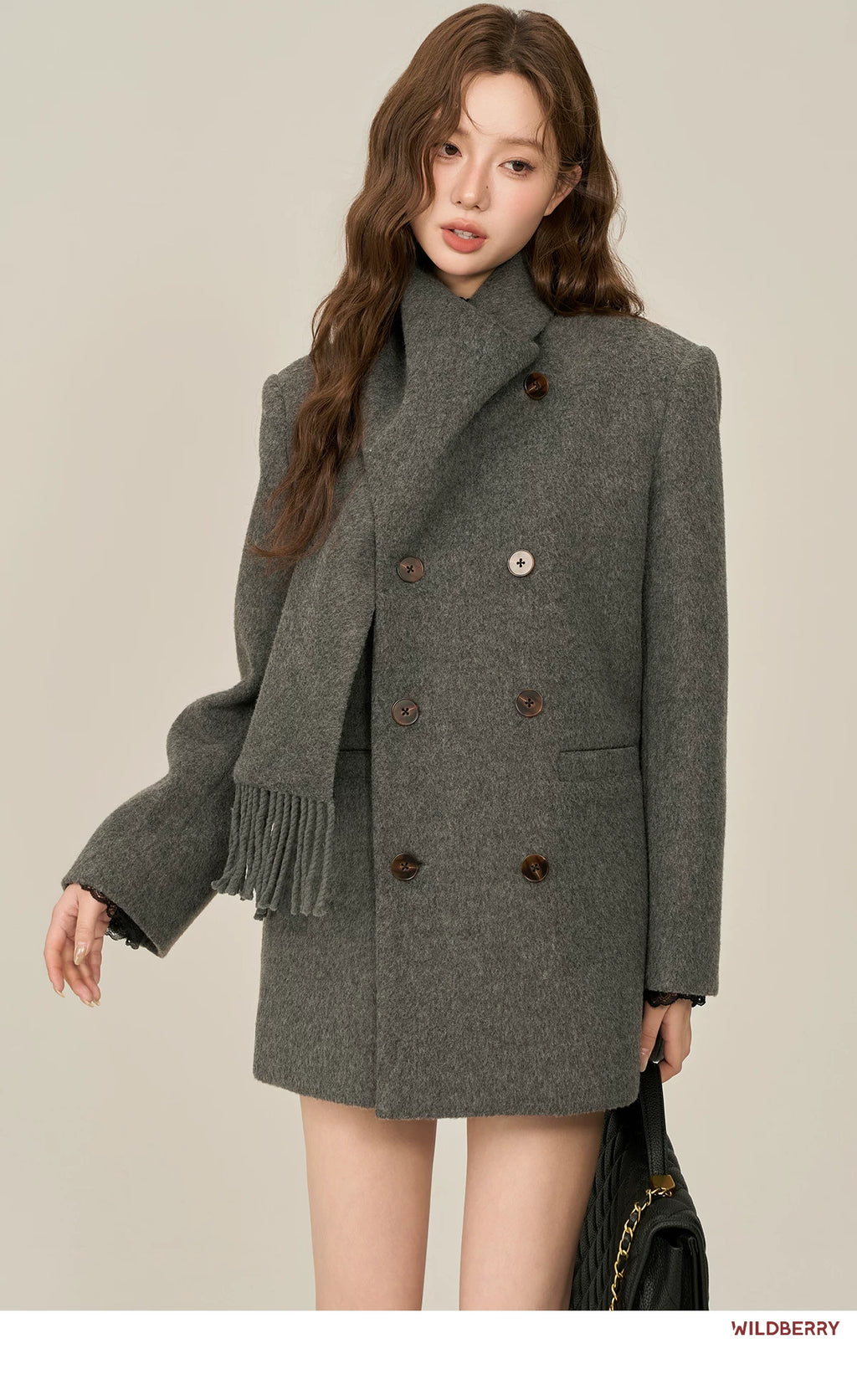 Wildberry Scarf Collar Double-breasted Medium and Long Wool Jacket