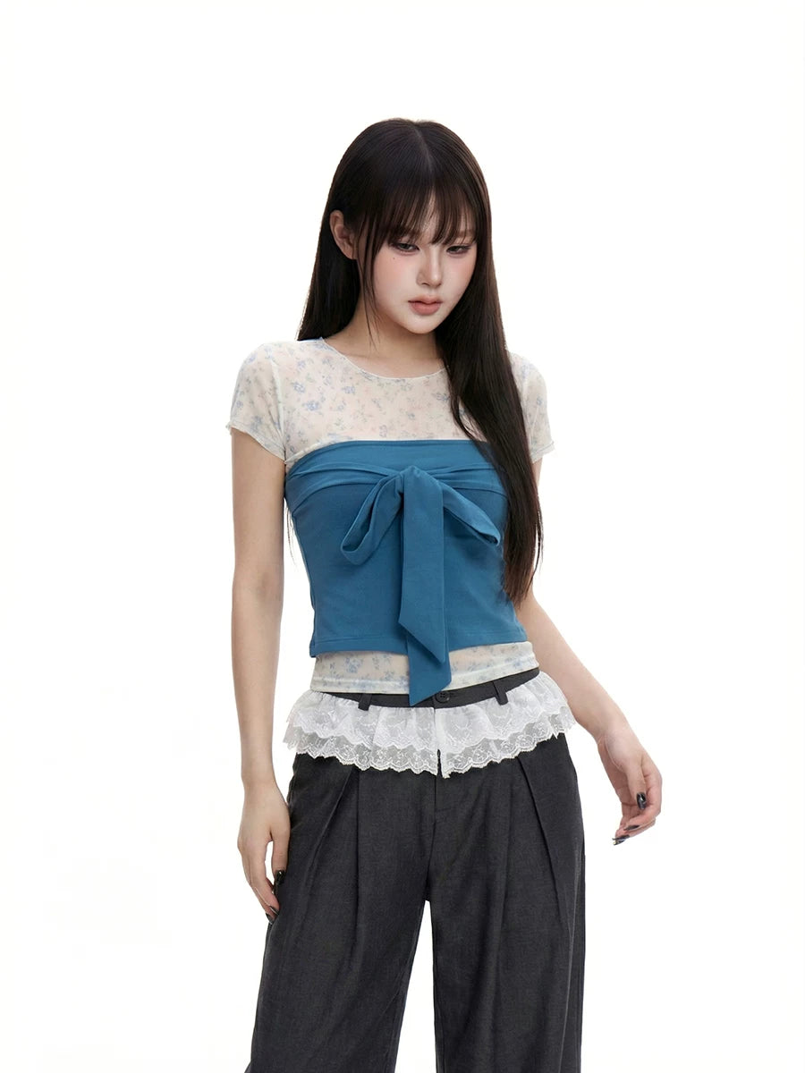 WITHMIN Bow Tube Top Small Floral T-shirt Two-piece Set