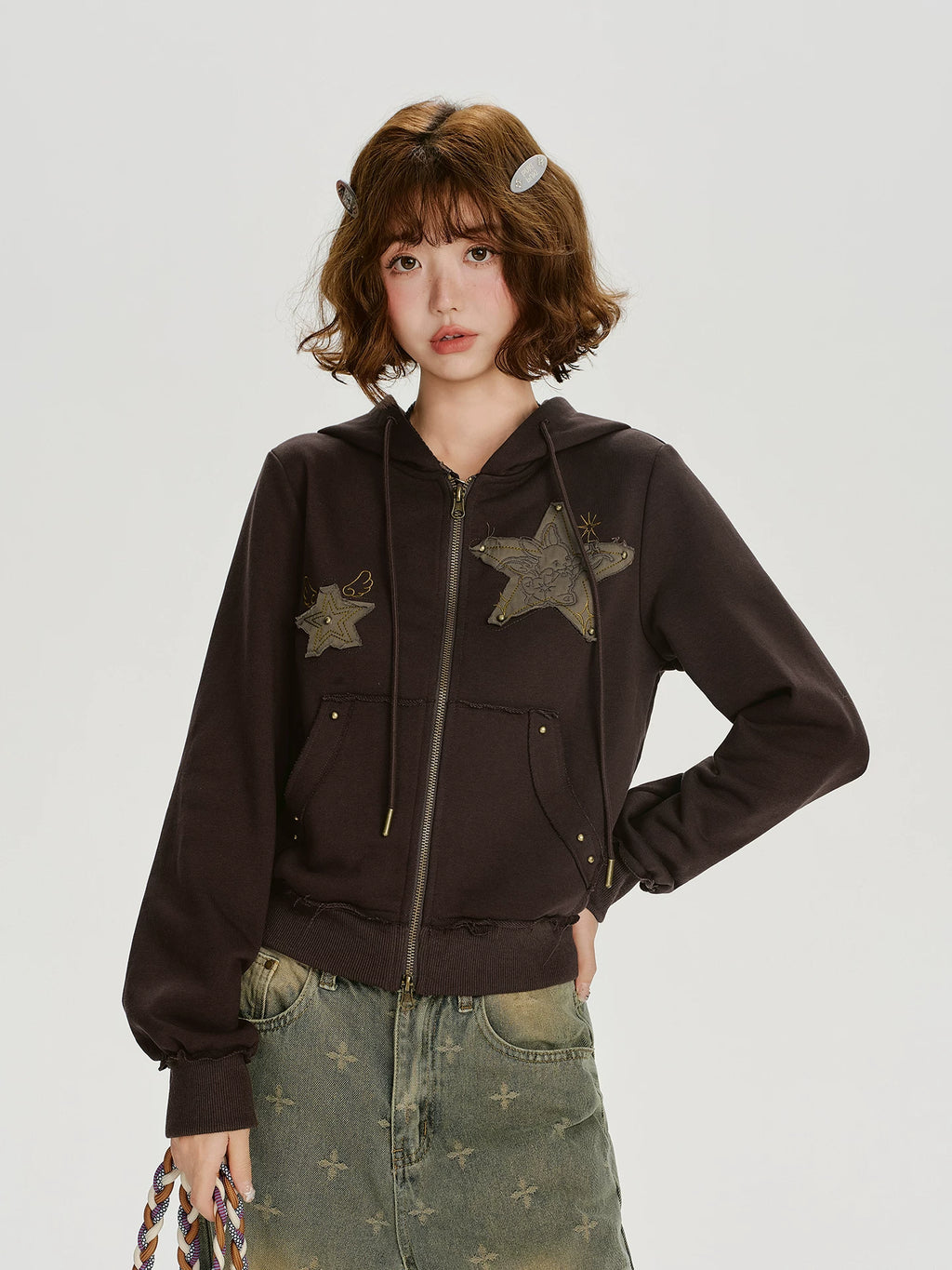 Girlyhalo Vintage Patch Embroidered Hooded Sweater Jacket