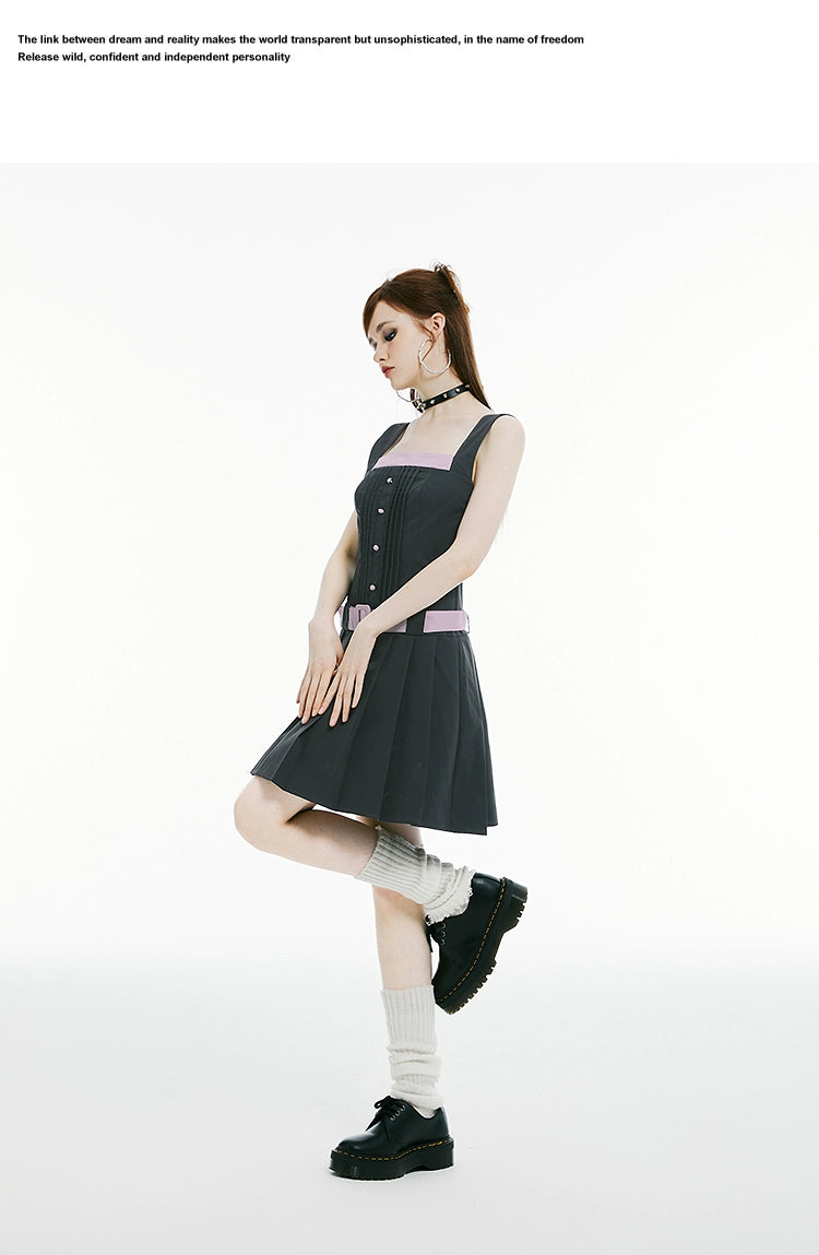 Imone College Girl Style Contrasting Color Suspender Dress