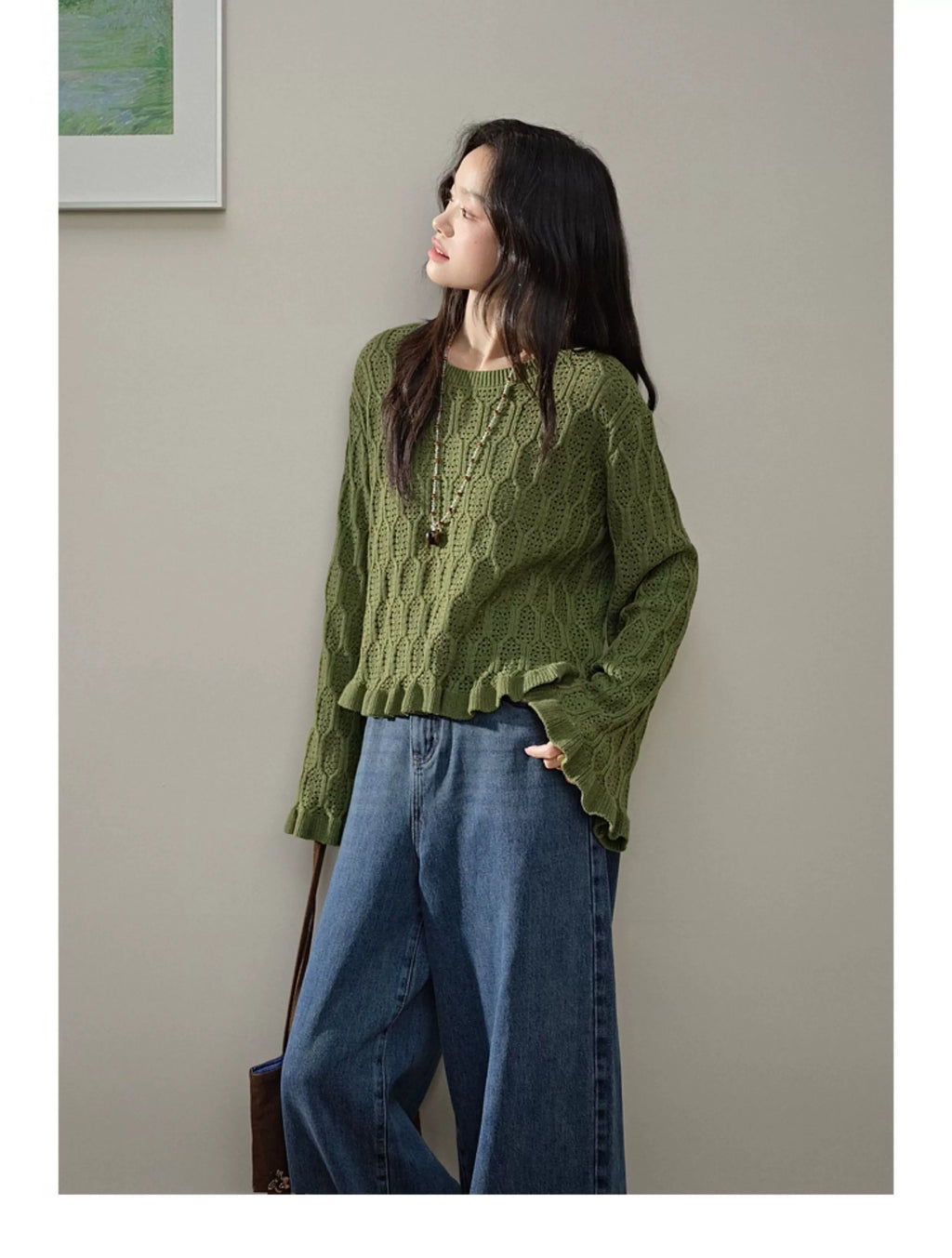 Kuose Hollow Short Long-sleeved Knitted Sweater