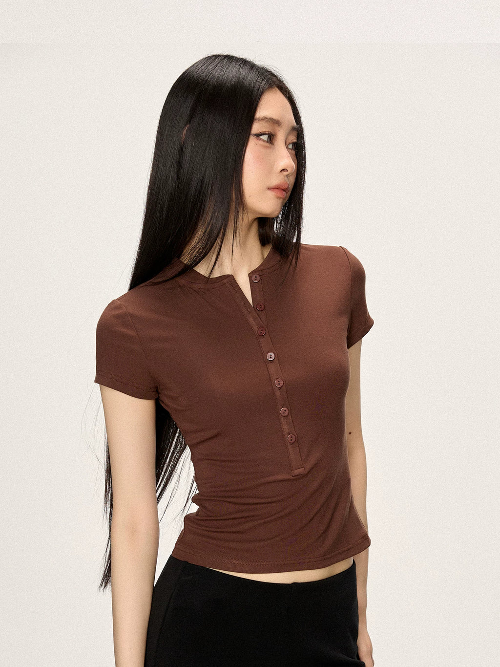 Cherry Melody Henry Collar Shoulder Crew Neck Slim Tee