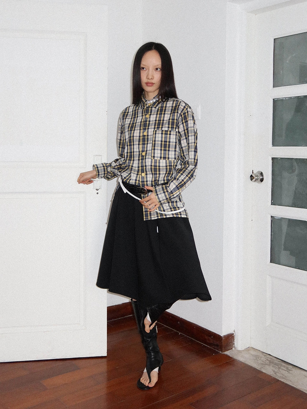 FUNKYFUN Contrasting Checked Loose Long-sleeved Shirt